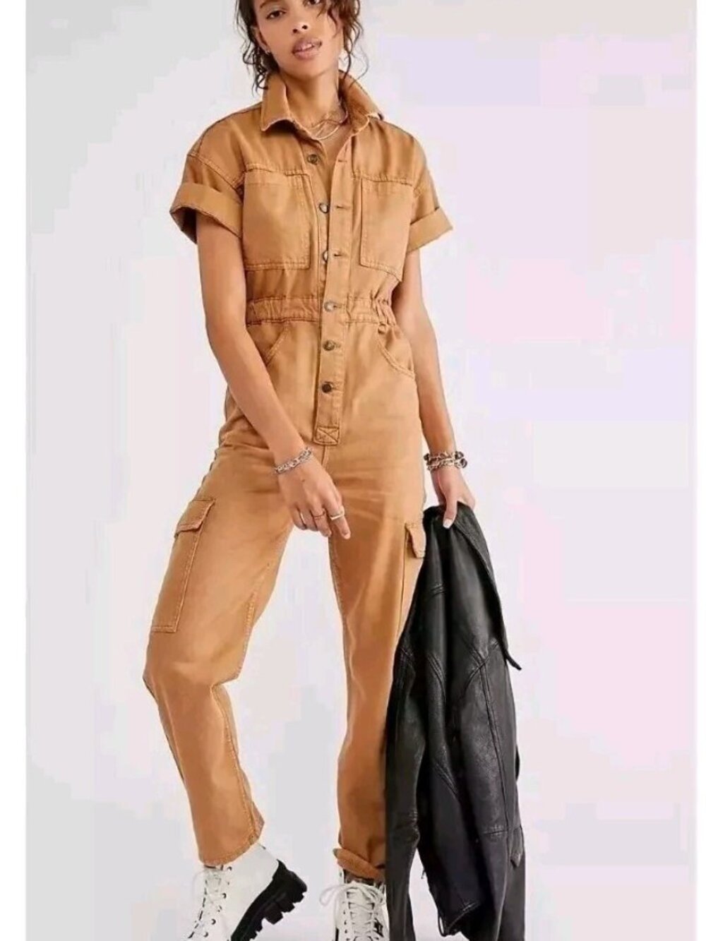 We the free Marci Utility Coverall Cargo Pockets in Tan Womens Size S